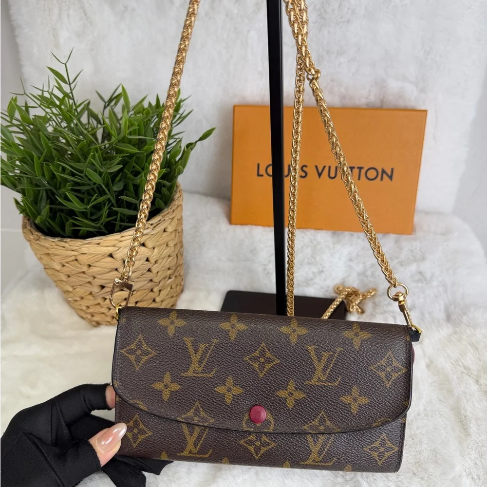 Authentic Louis Vuitton LV Monogram Emilie Wallet Pink Crossbody Chains w/ COA